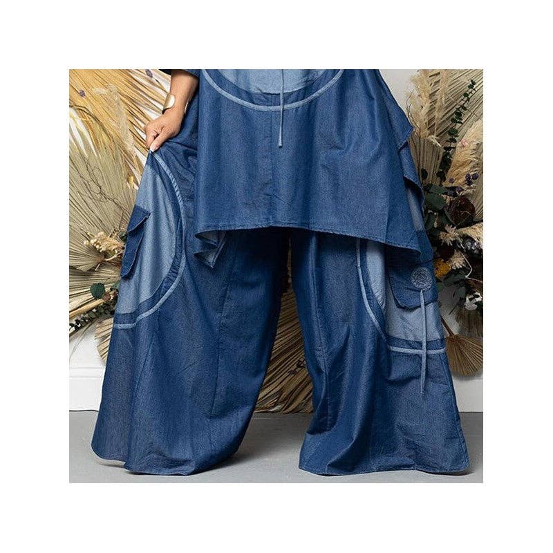 Long Denim Fabric Suit With Short Sleeves
