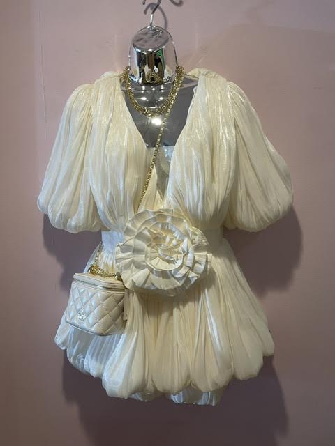 Graceful Gauze V-Neck layered Puff Waist Dress
