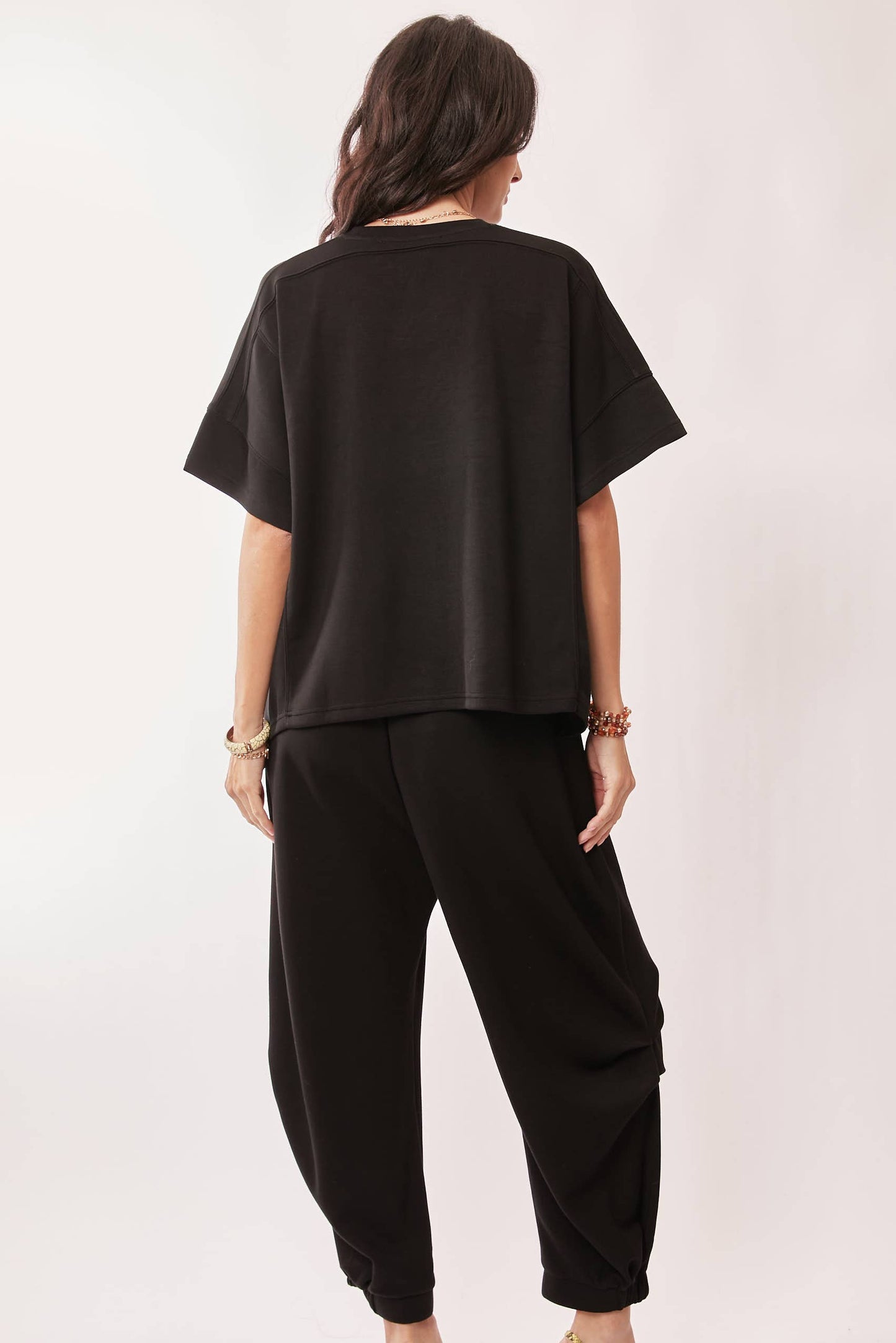 Black SOLID FLOWY TOP WITH ELASTIC WAIST BAND PANTS SET
