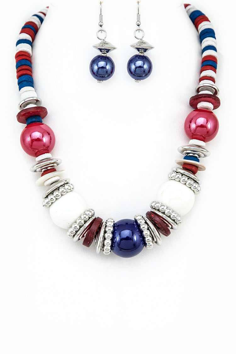 Americana Mix Beads Disks Necklace Set