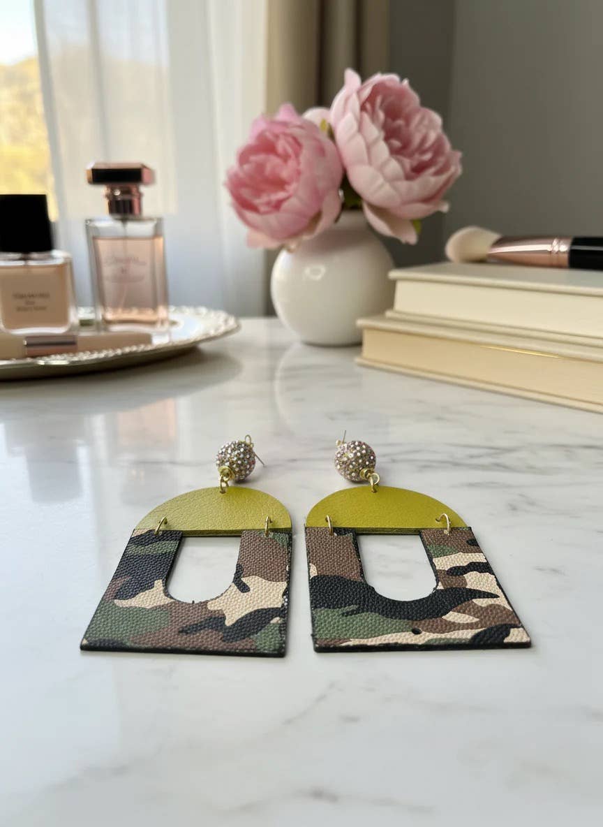 Green Camo Leather Rhinestone Lightweight Earrings