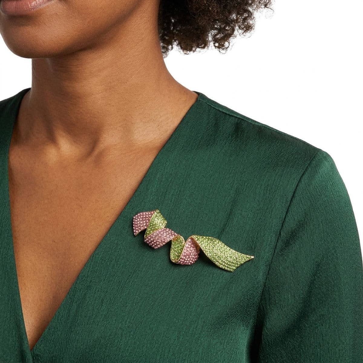 Encrusted Brooch AKA Pink Green Flowy Ribbon Pin