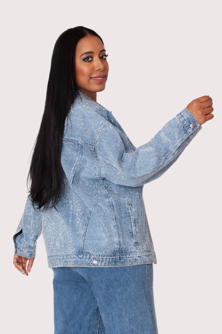 Oversized Rhinestone Denim Jacket -82820