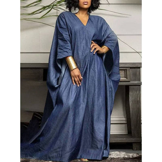 Batwing Sleeves Loose Solid Color Split-Joint V-Neck Maxi Dresses