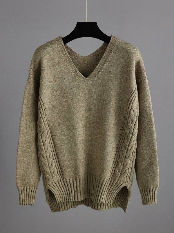 Stylish Loose Long Sleeves Solid Color V-Neck Sweater Tops& Wide Leg Pants Two Pieces Set