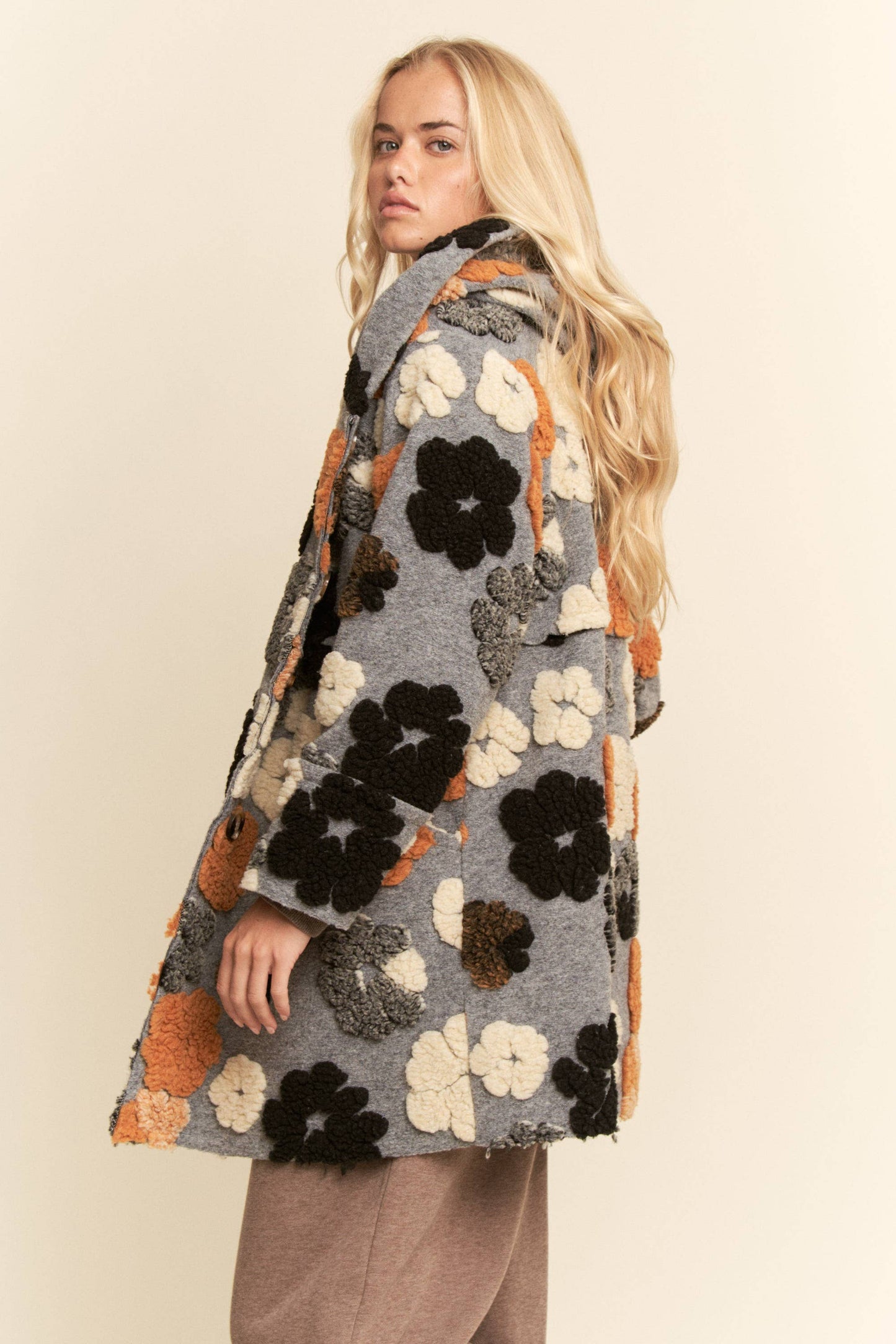 PLUS CHUNKY FLOWER EMBROIDERED HOODIE COAT JACKET
