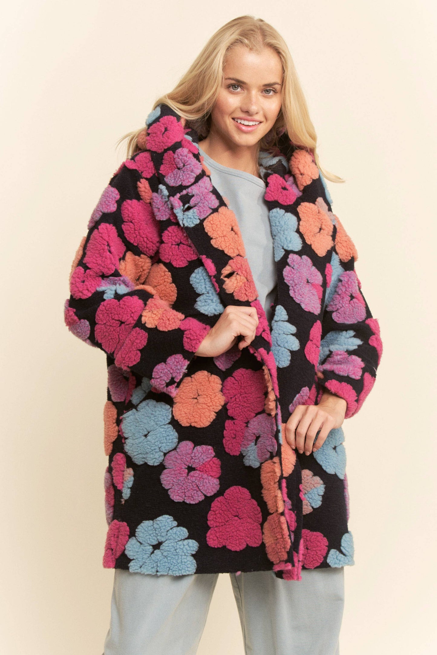 CHUNKY FLOWER EMBROIDERED HOODIE COAT JACKET