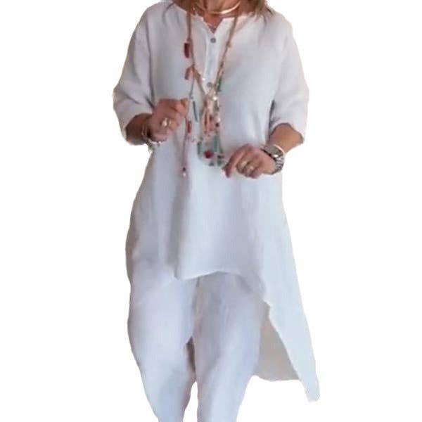 Casual Long Sleeve Cotton Linen Two-Piece Set for Women
