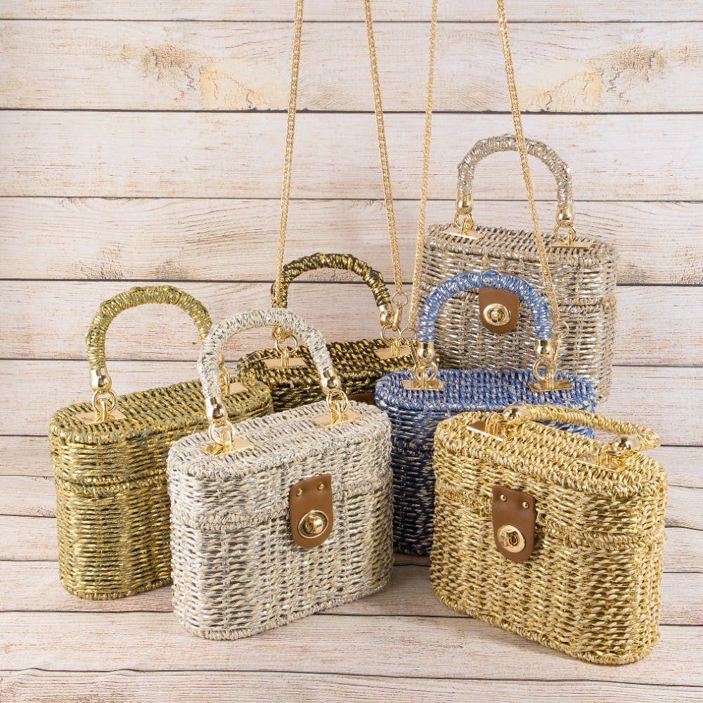 Metallic Woven Straw Top Handle Box Bag