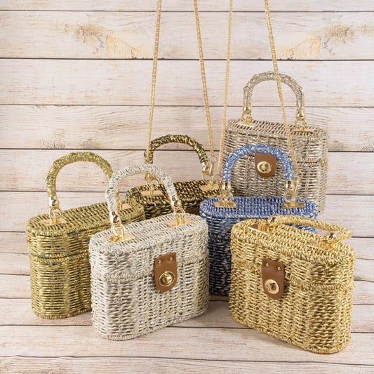 Metallic Woven Straw Top Handle Box Bag