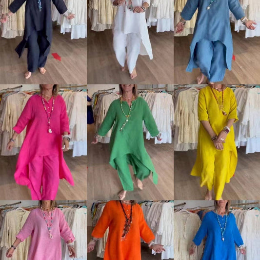 Casual Long Sleeve Cotton Linen Two-Piece Set for Women