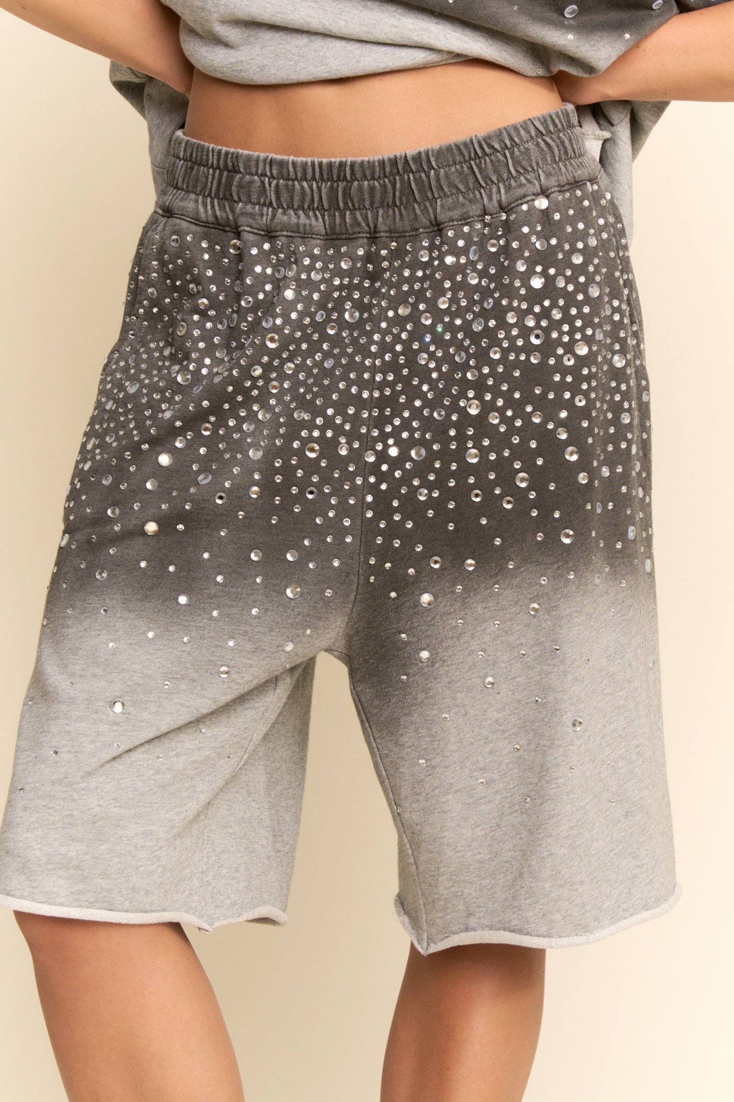 Grey RHINESTONE OMBRE SWEATSHIRT AND SHORTS SET