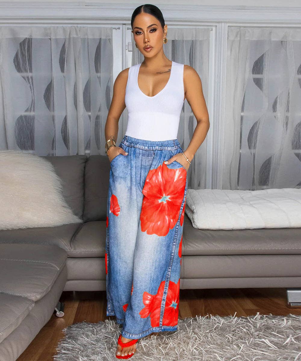 Printed Wide Leg Casual Pants