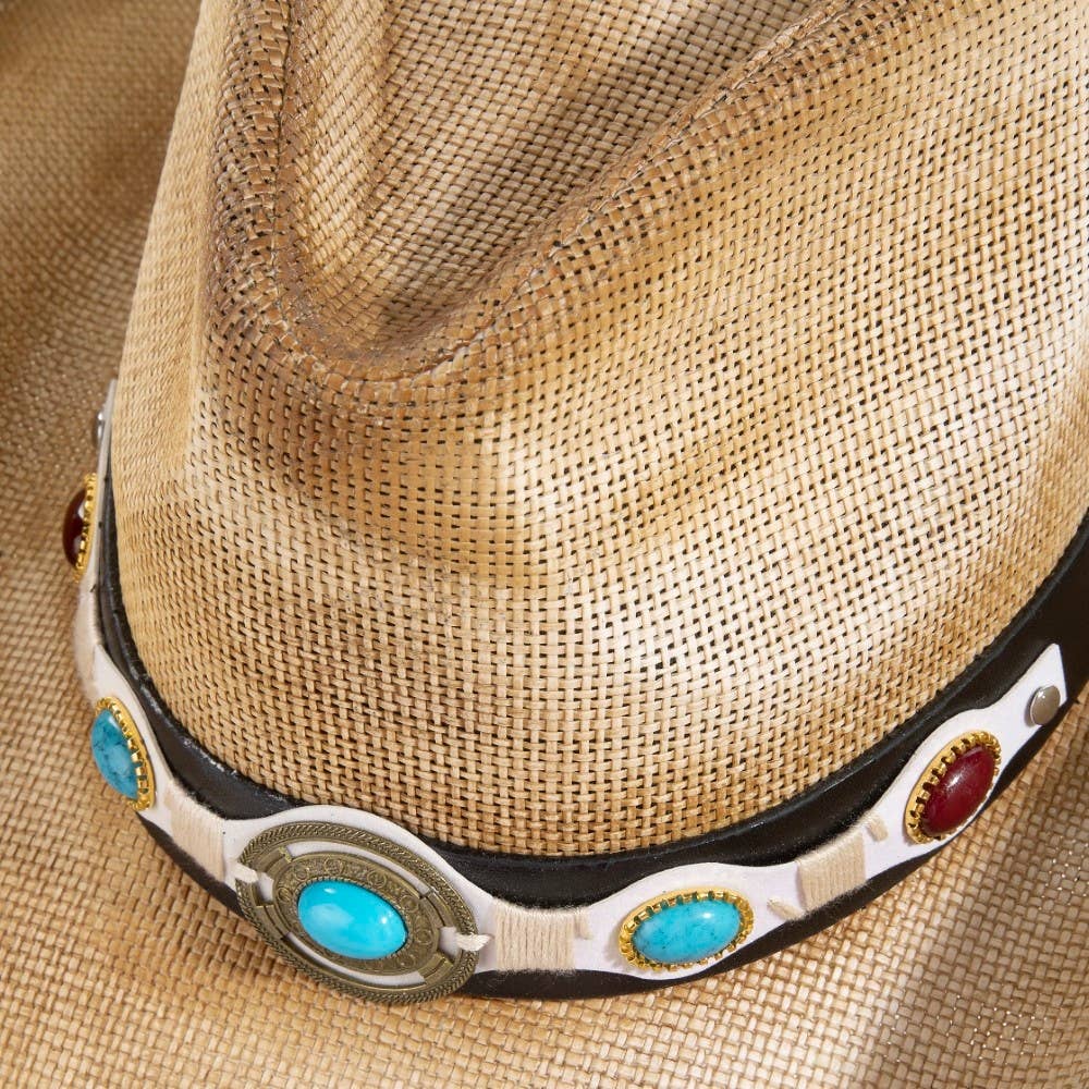 Western Turquoise Stone Strap Straw Cowboy Hat