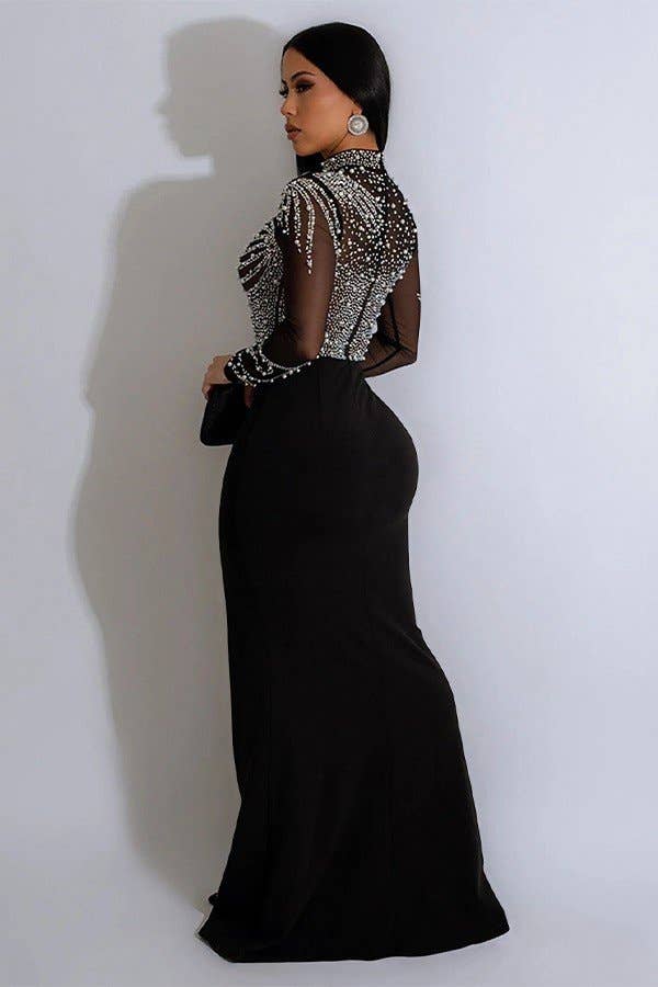 Embellished Mesh High-Slit Maxi Dress