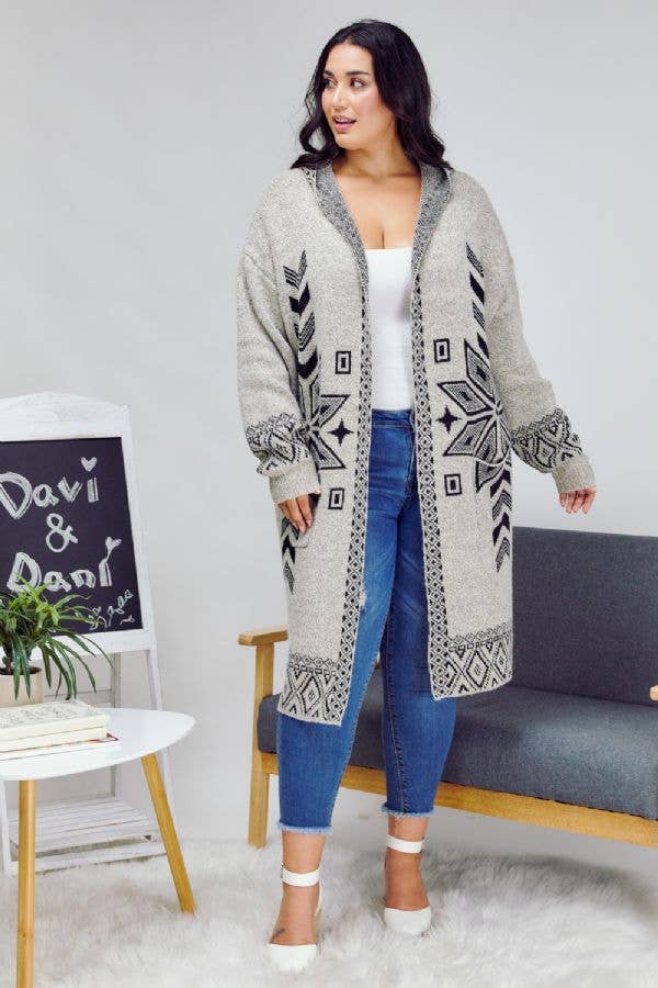 - PLUS SNOW PRINTED LONG SLEEVE POCKETS CARDIGAN PWJ14067