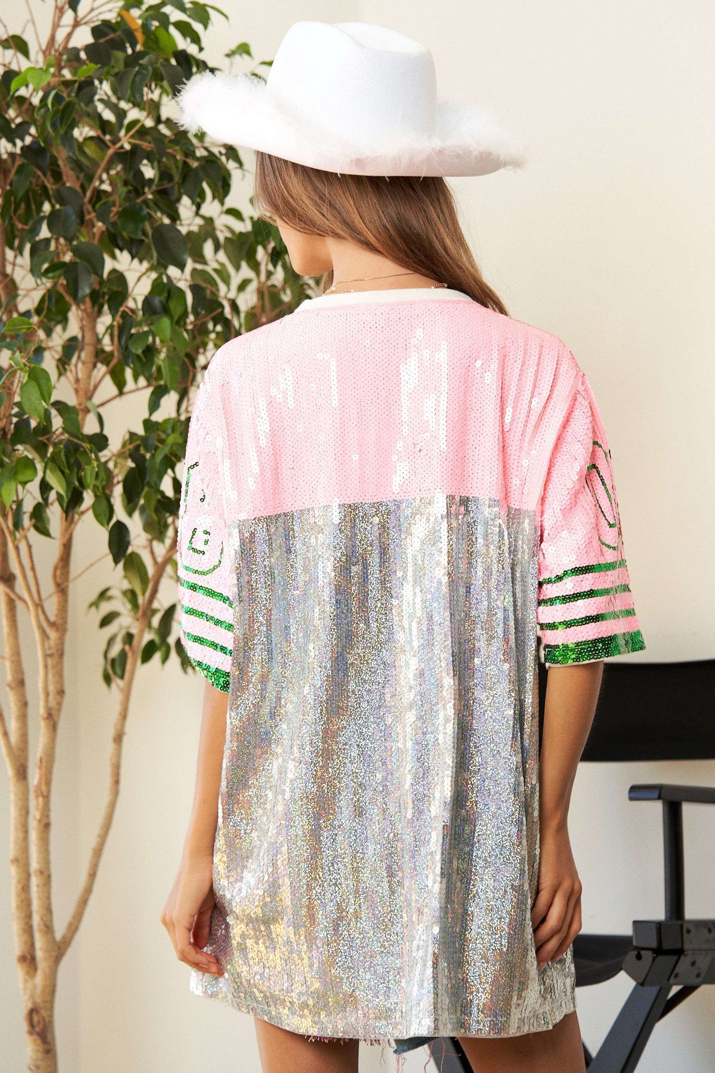 Game Day Sequin Jersey Top with Pink and Green Accents