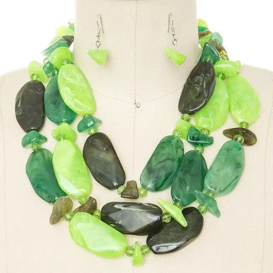 Green Resin Pebble Layered Statement Necklace