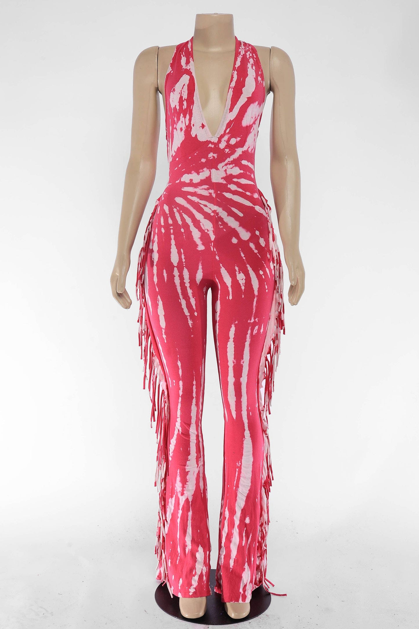 Tie dye fringed halter jumpsuit