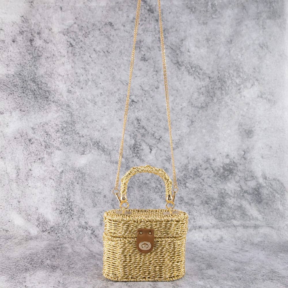 Metallic Woven Straw Top Handle Box Bag