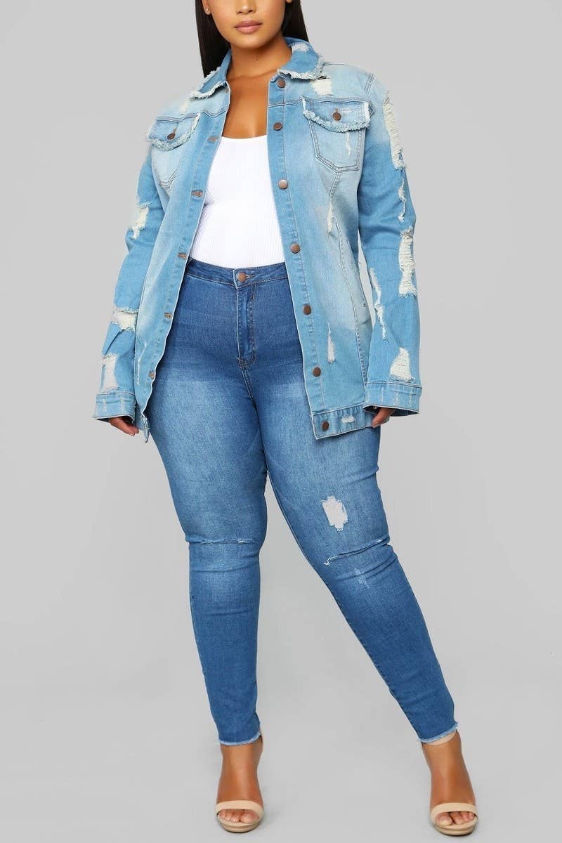 Plus Size Long Sleeve Medium Blue Vintage Washed Oversize Di
