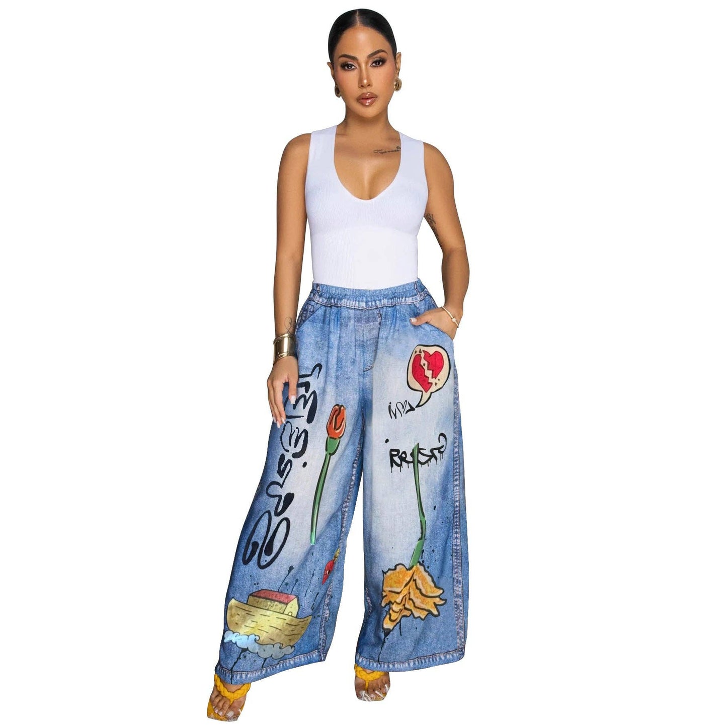 Printed Wide Leg Casual Pants