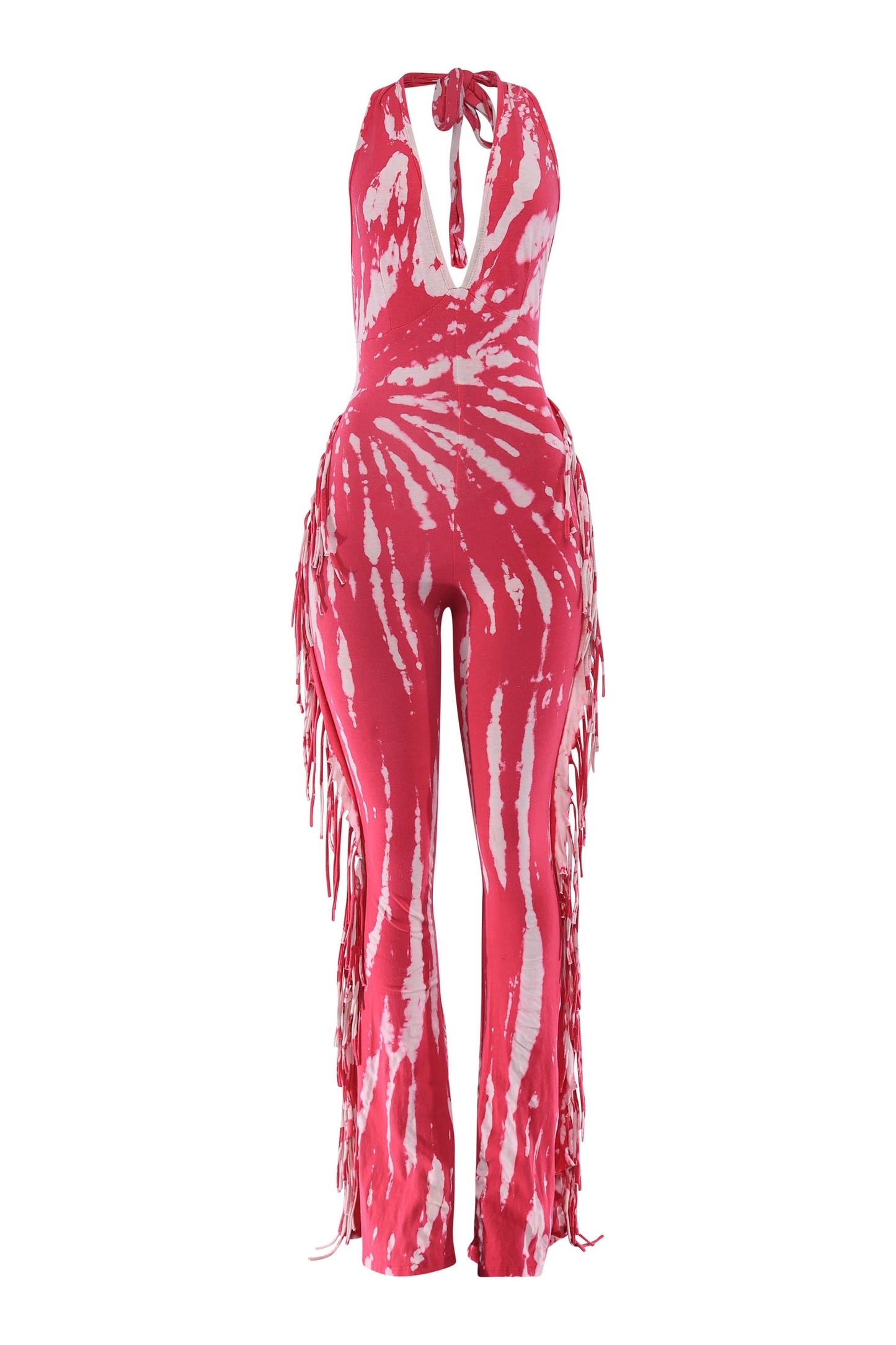 Tie dye fringed halter jumpsuit