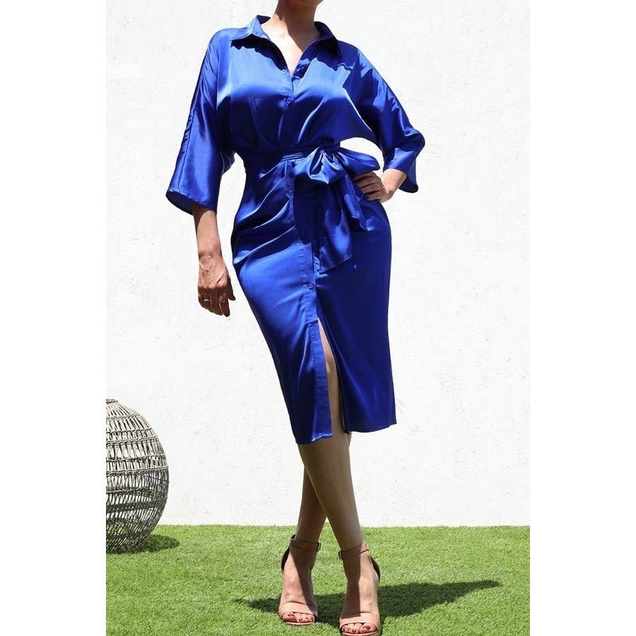 BUTTON DOWN SATIN DRESS WITH WAIST TIE DETAIL