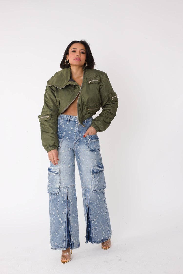 Olive Cropped Utility Bomber Jacket -82404