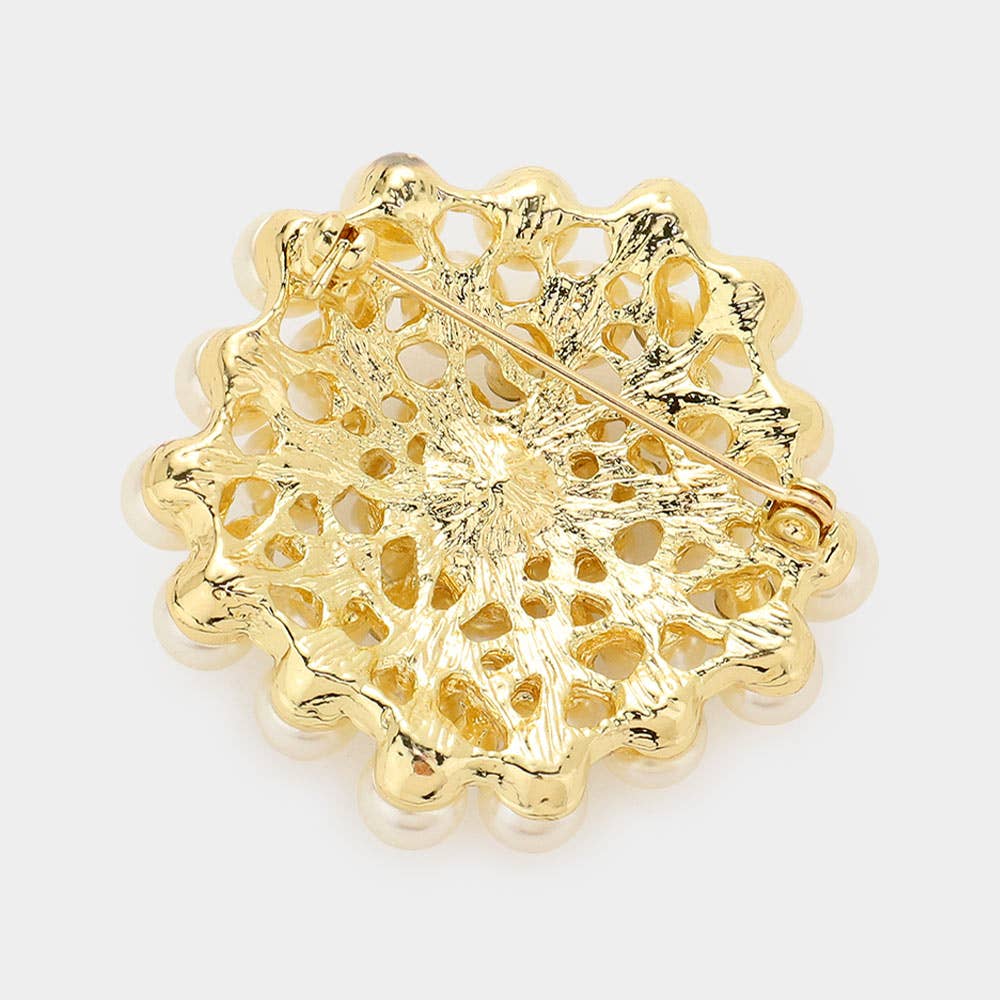 Floral Crystal Pearl Cluster Pin Brooch