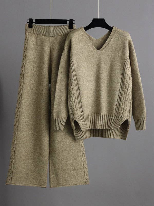 Stylish Loose Long Sleeves Solid Color V-Neck Sweater Tops& Wide Leg Pants Two Pieces Set