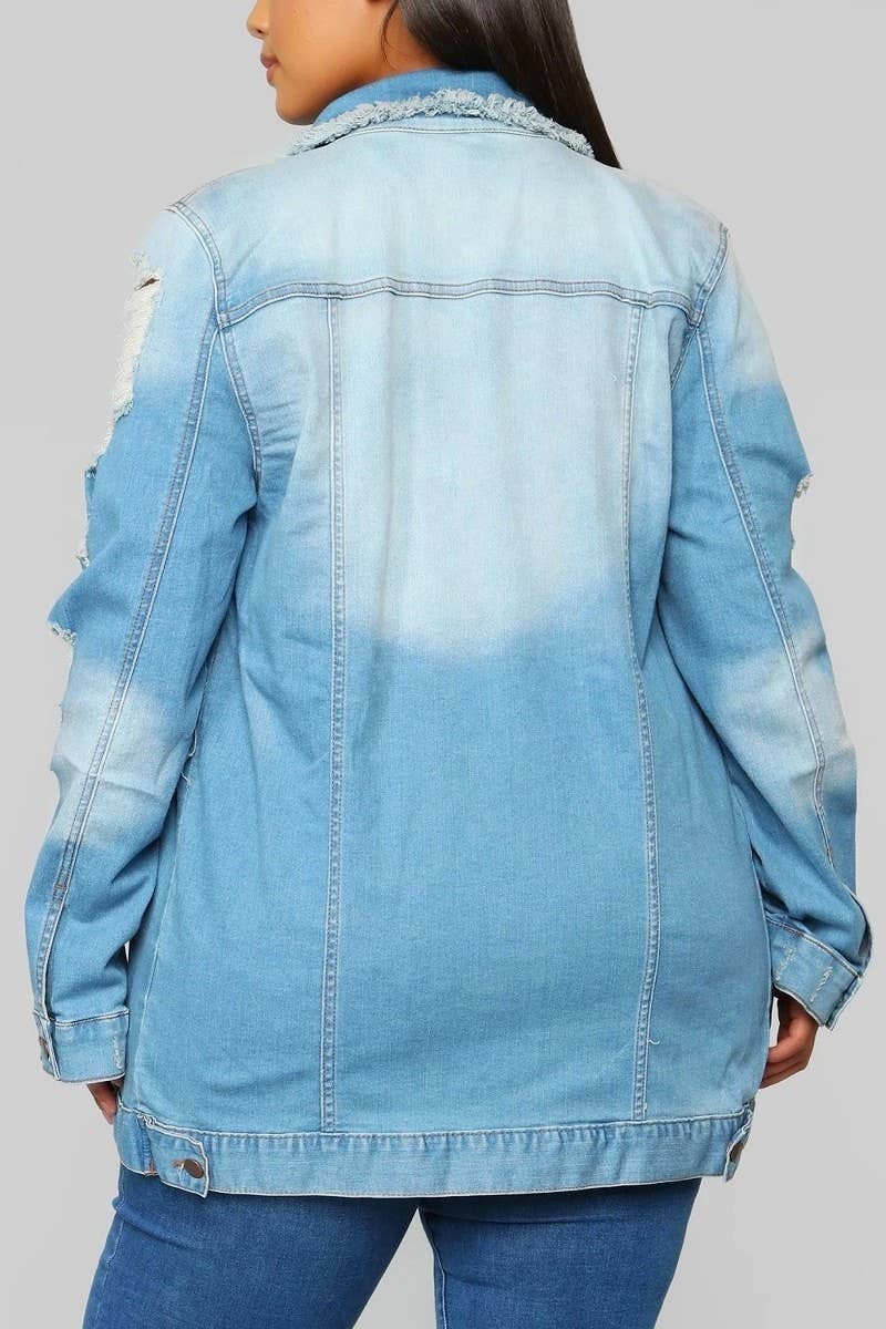 Plus Size Long Sleeve Medium Blue Vintage Washed Oversize Di
