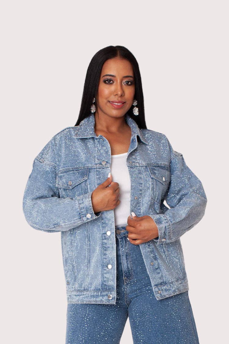 Oversized Rhinestone Denim Jacket -82820