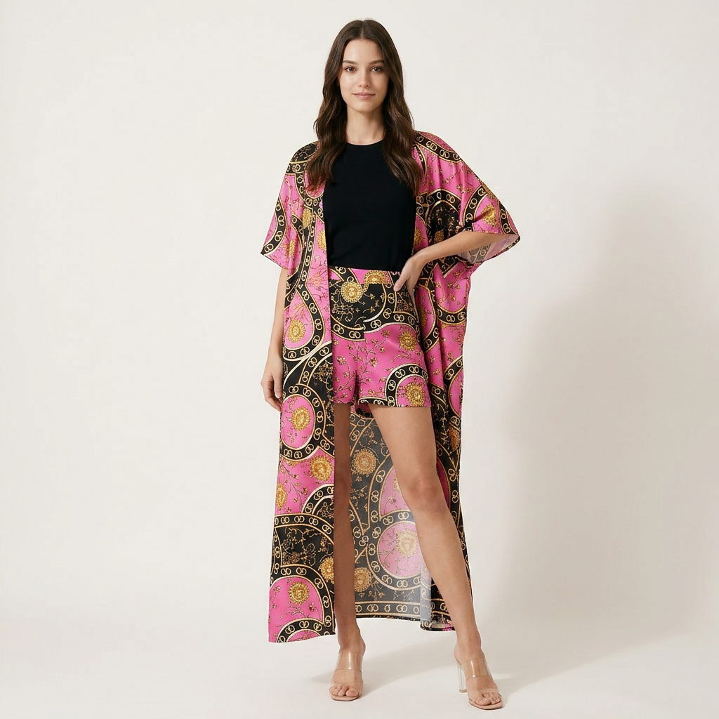 European-Inspired Cardigan Print Two-Piece Set