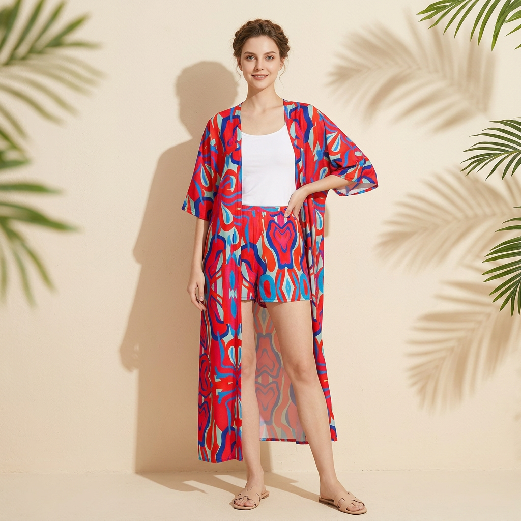 European-Inspired Cardigan Print Two-Piece Set