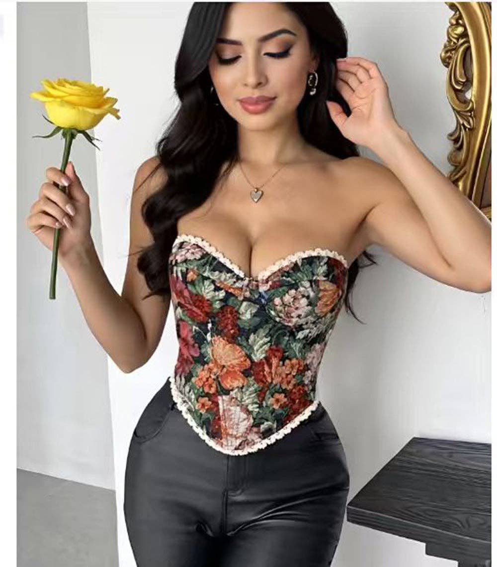 Retro Floral Lace-Up Corset Top for Trendy Street Style