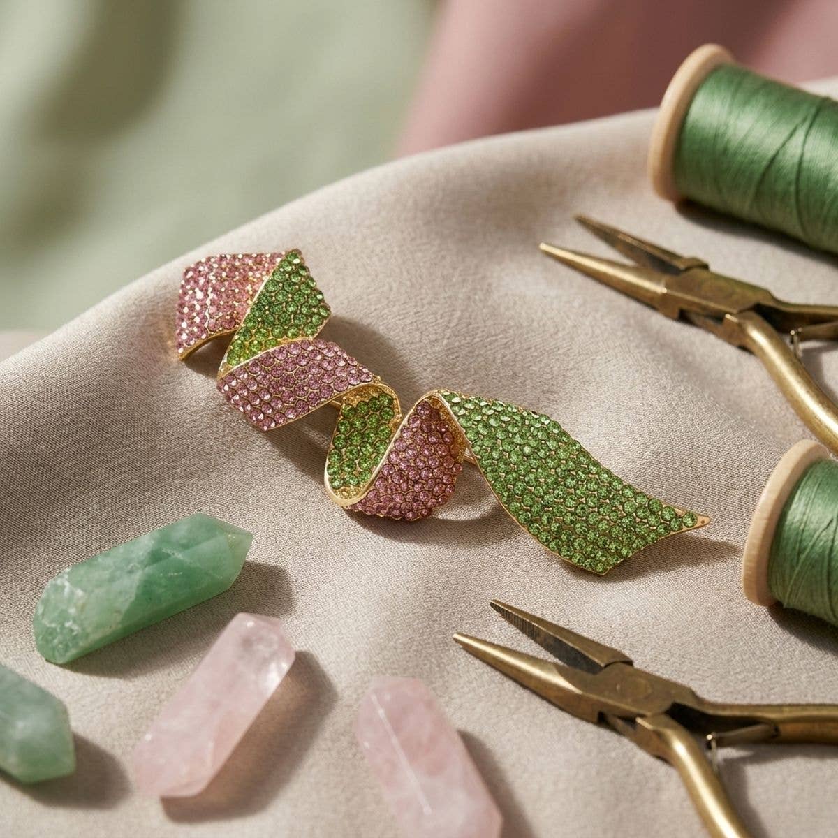 Encrusted Brooch AKA Pink Green Flowy Ribbon Pin