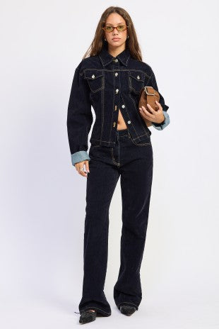 Dark Blue Velvet denim trucker jeans