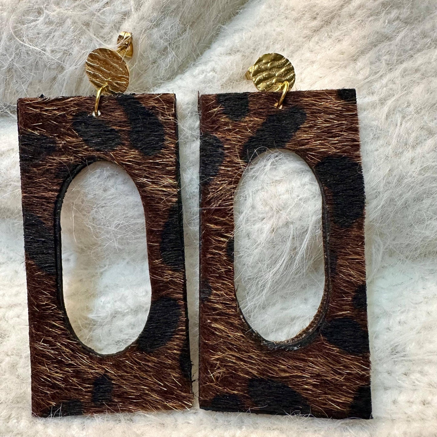 Brown Leopard Print Fur Earrings: Gold Wood Jewelry for Her