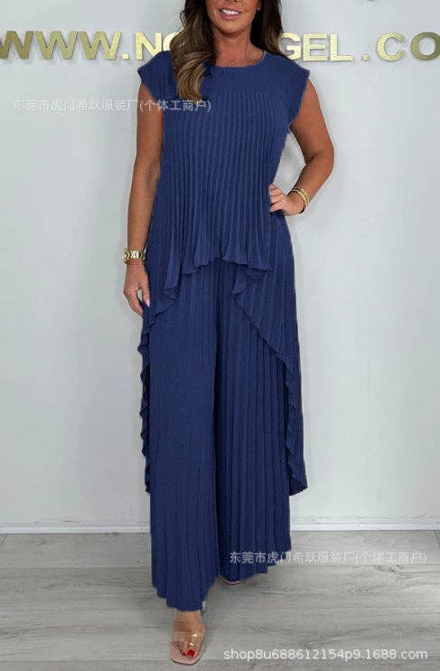 Casual Solid Color Top And Straight Pants Set