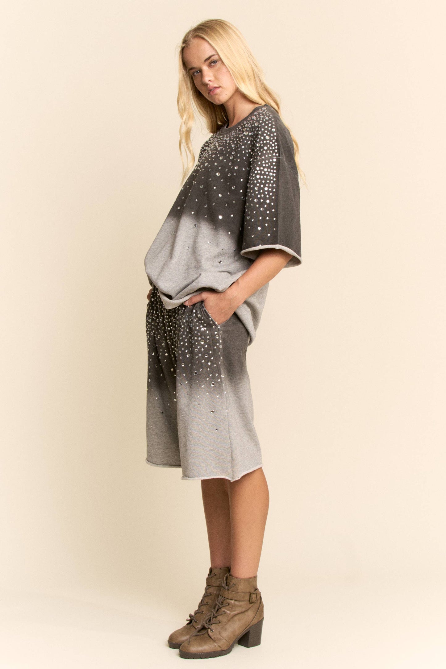 Grey RHINESTONE OMBRE SWEATSHIRT AND SHORTS SET