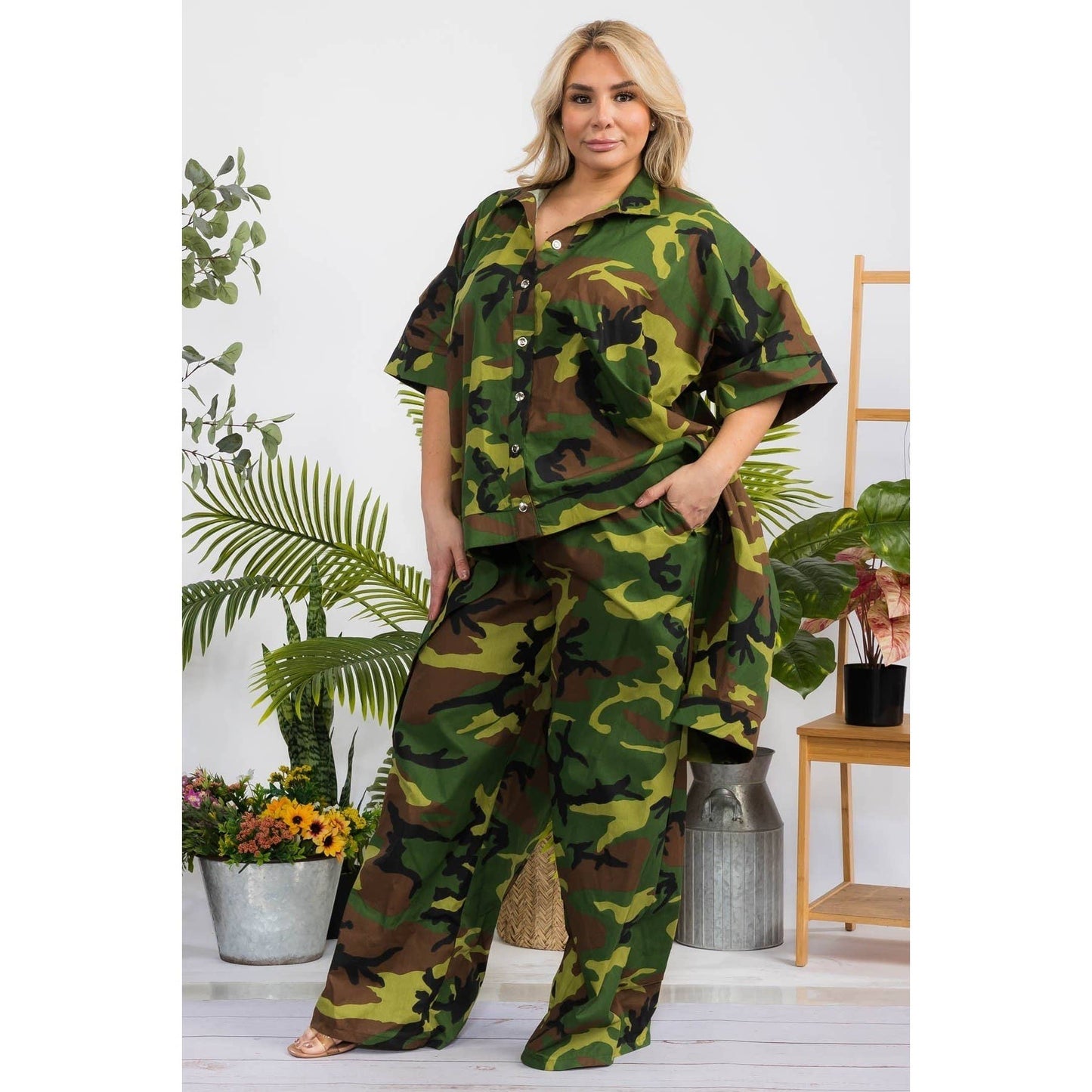 CAMO PRINT HI LO HEM SHIRT AND PANT SET