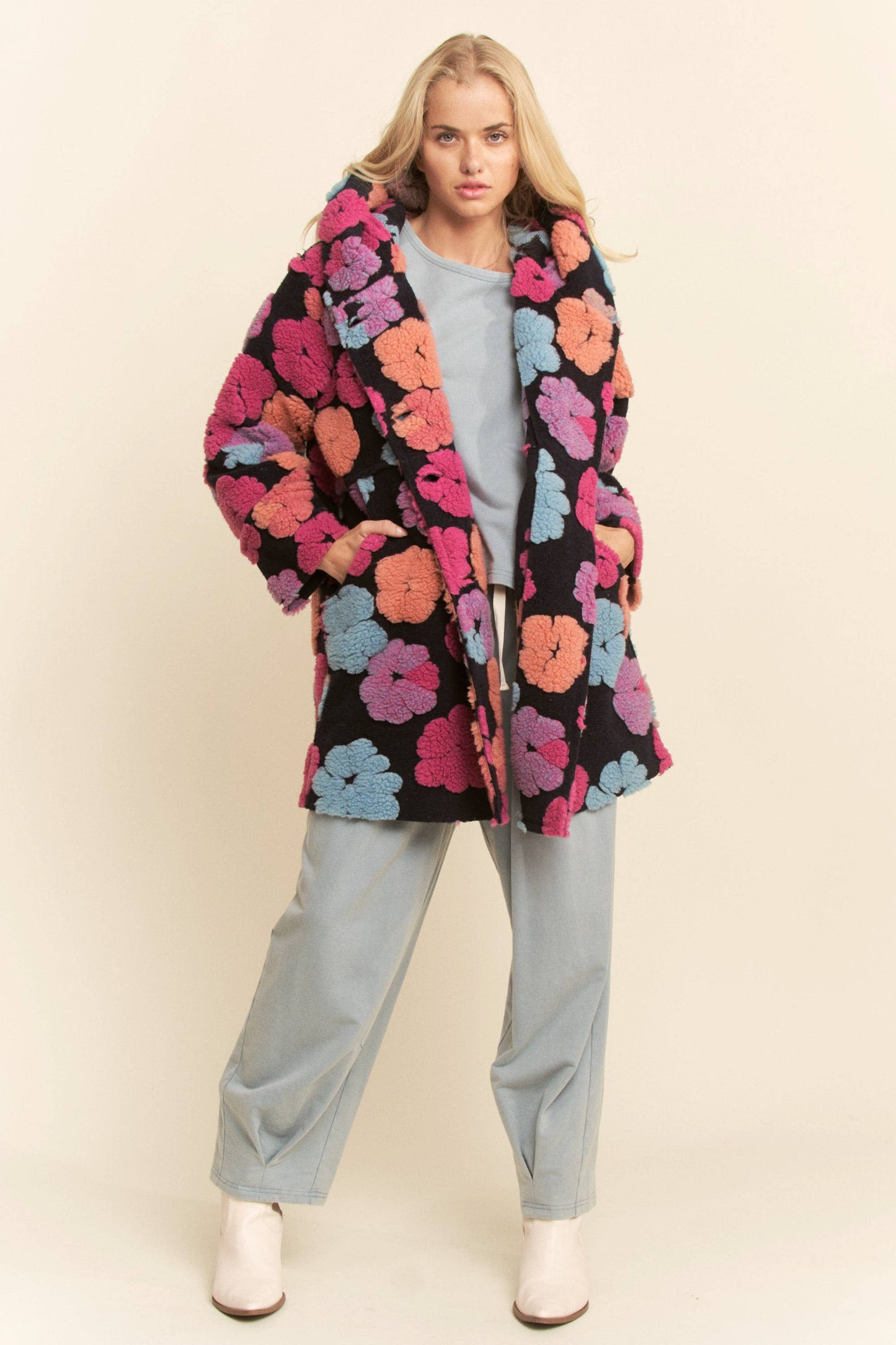 CHUNKY FLOWER EMBROIDERED HOODIE COAT JACKET