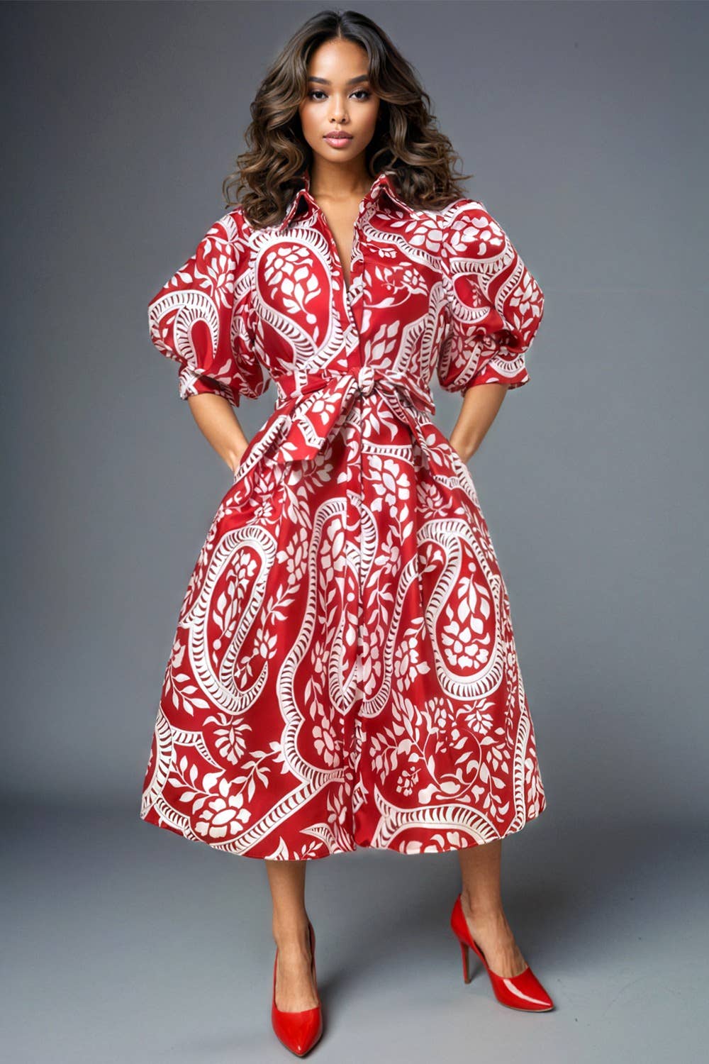 N by Nanct PUFF SLEEVE MIDI DRESS