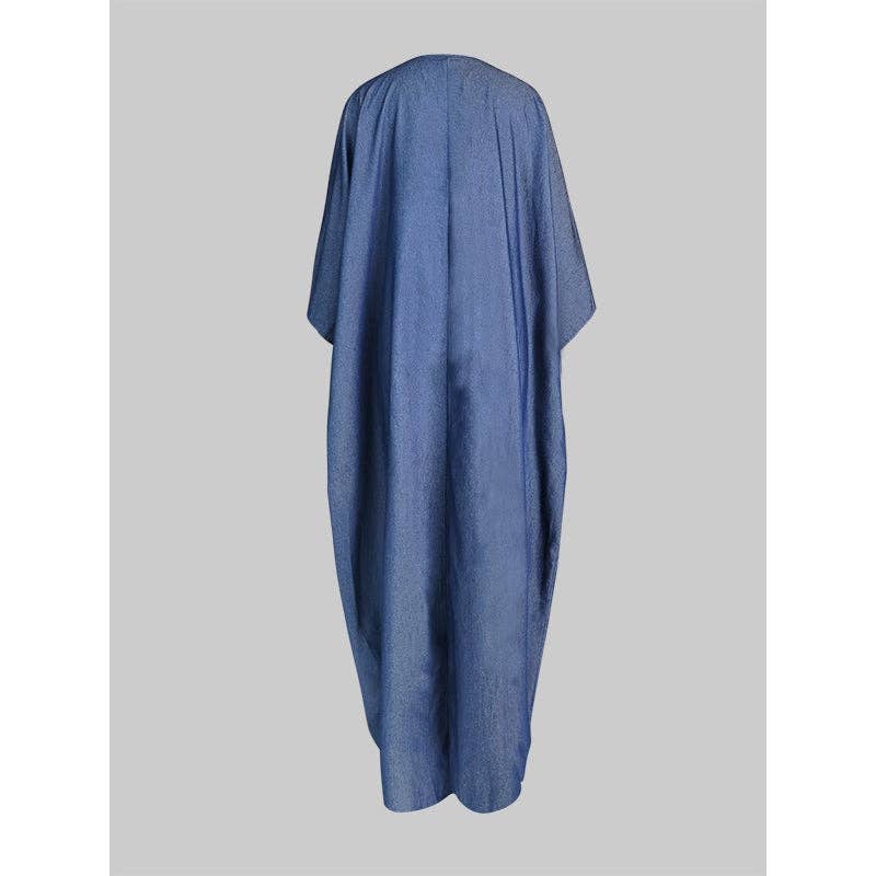 Batwing Sleeves Loose Solid Color Split-Joint V-Neck Maxi Dresses