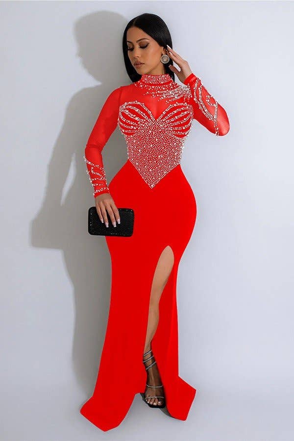 Embellished Mesh High-Slit Maxi Dress