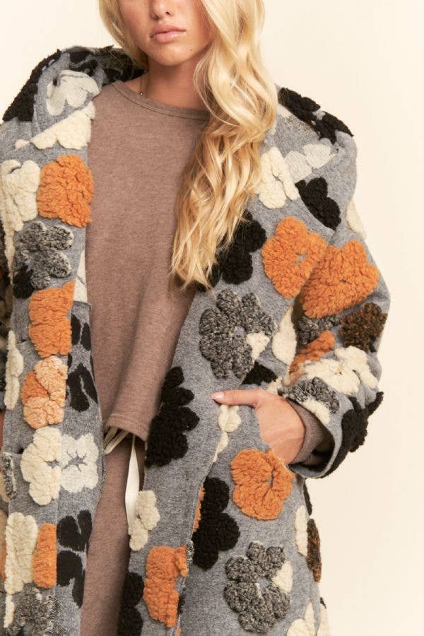 CHUNKY FLOWER EMBROIDERED HOODIE COAT JACKET