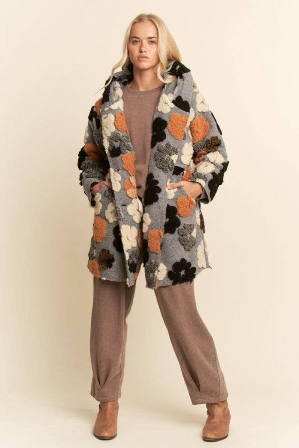 PLUS CHUNKY FLOWER EMBROIDERED HOODIE COAT JACKET