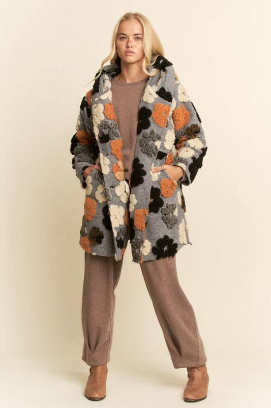 CHUNKY FLOWER EMBROIDERED HOODIE COAT JACKET