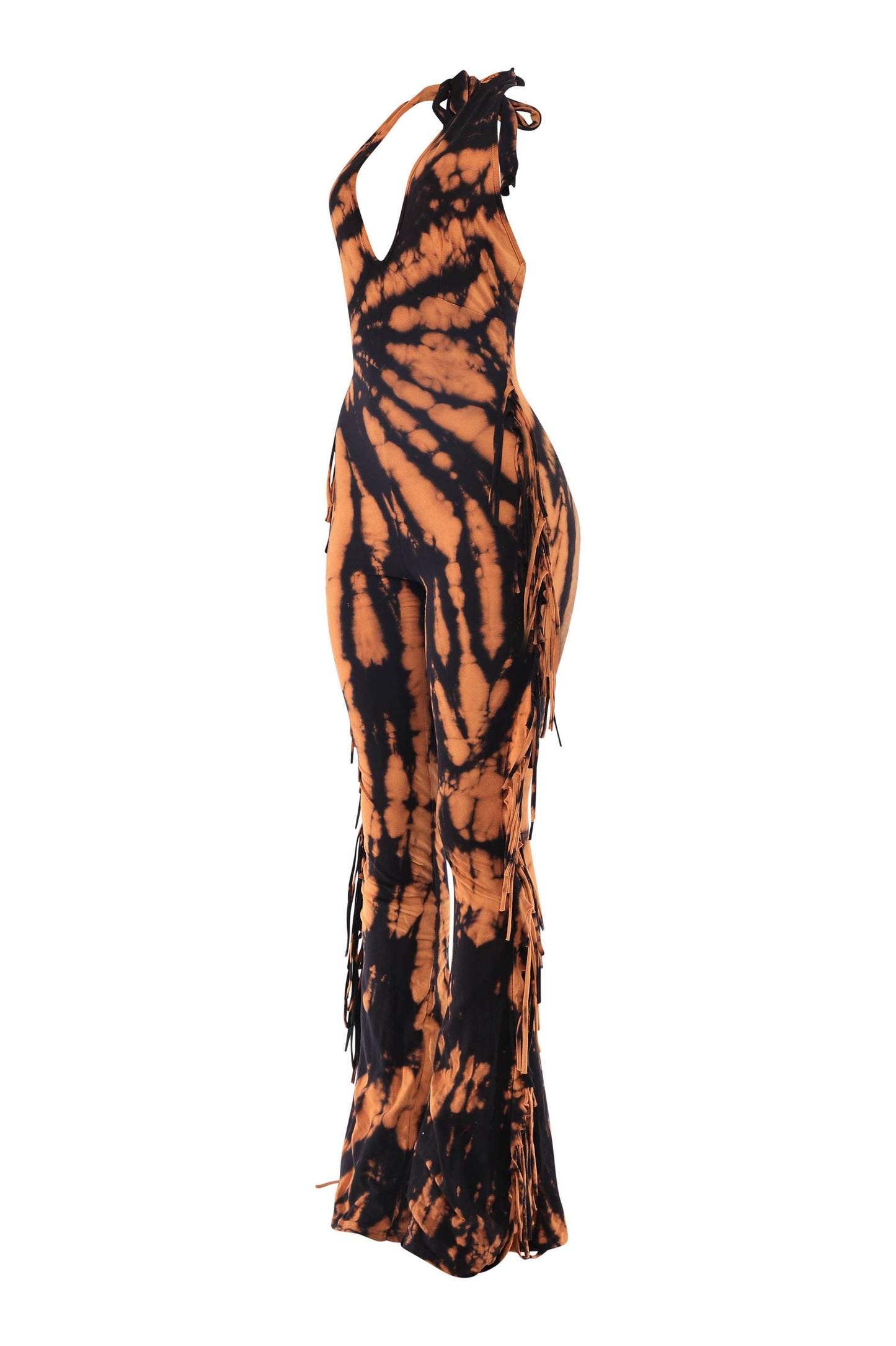 Tie dye fringed halter jumpsuit